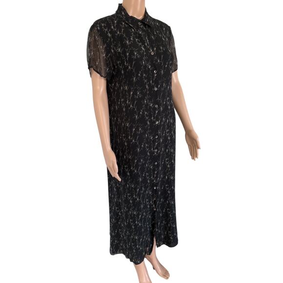 Vintage 100% Silk Black Floral Button Down Dress 90s Grunge Dark Romantic 12 - Picture 3 of 8